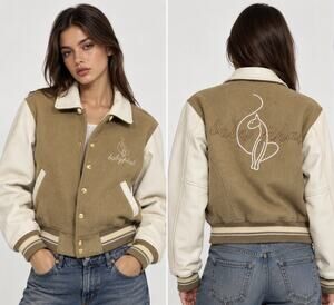 Baby Phat Vintage Y2K Wool Leather Varsity Bomber Jacket Cat Logo Brown White